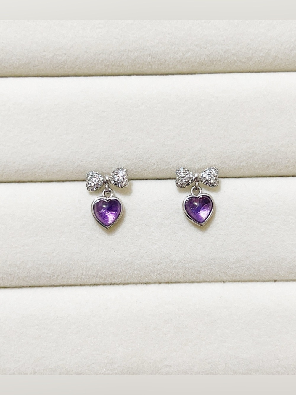 Dainty Zircon Bow Natural Purple Amethyst Heart Stud Earrings 925 Silver Post